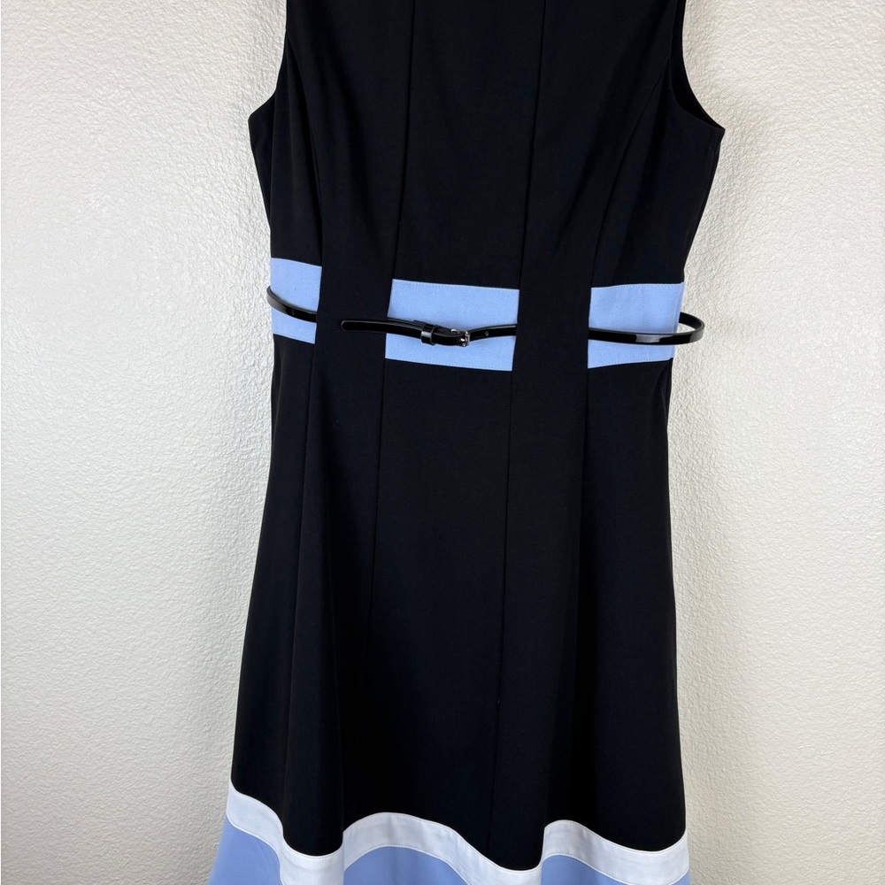 Calvin Klein Women's Black Blue White A-Line Midi Dress With Belt Size 6